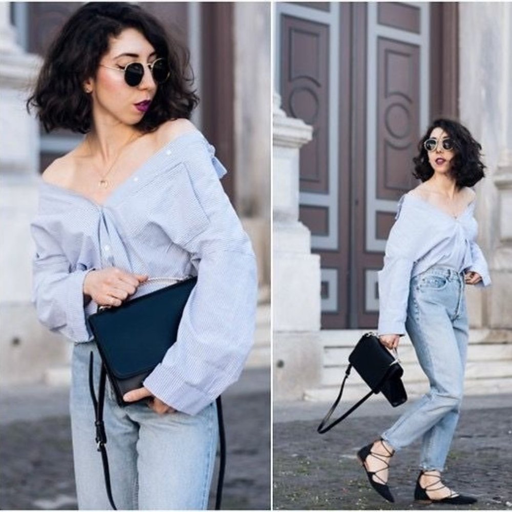 Zara Blue Off Shoulder Wrap Top Crossover Tie Waist Blouse Long Sleeve XS S Med